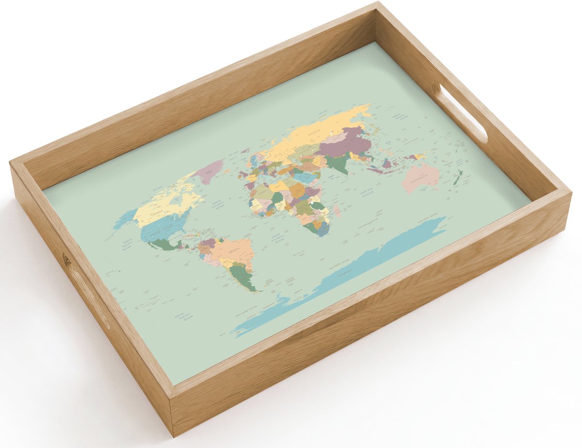Dienblad hout 40x30 cm - Schootdienblad - Wereldkaart - Realistisch - Kaart - Borrelplank rechthoek - Plateau dienbladen