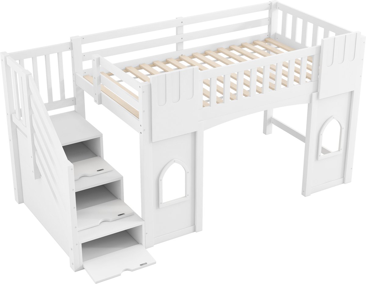 MODFU Hoogslaper 90x200 cm – Met opbergtrap & ramen – Wit – Hout/MDF – 3 opbergruimtes – Incl. lattenbodem