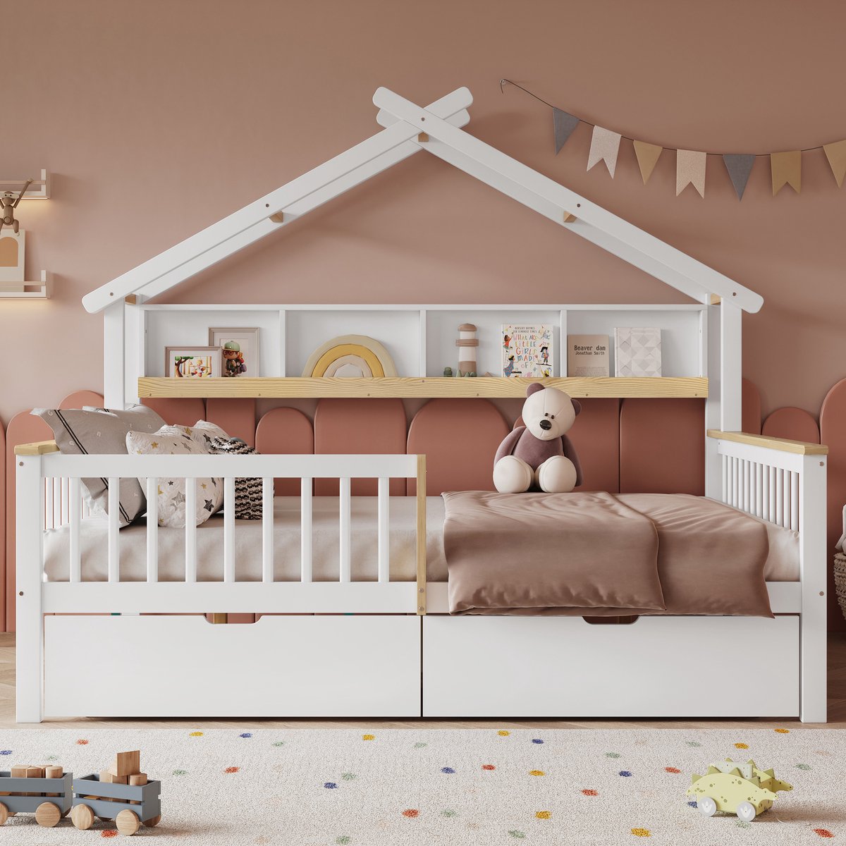 MODFU Kinderbed met Dakdesign en 2 Laden – 140x200 cm – Veiligheidshekken aan beide zijden – Grenenhout – Wit & Naturel Wit+Natuurlijk