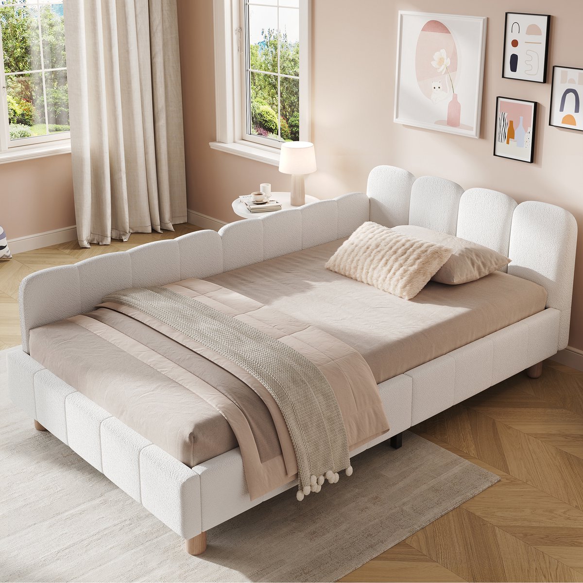 MODFU Eenpersoonsbed – 90x200 cm – Verstelbare Zijleuningen – Boucléstof – Beige