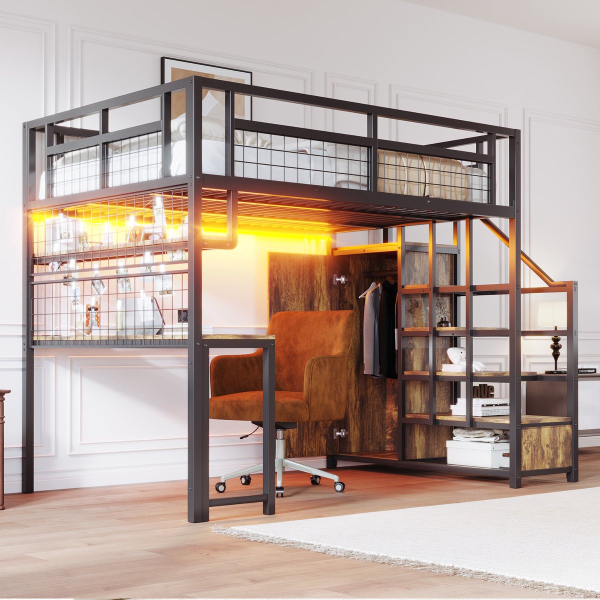 MODFU – Hoogslaper – 140x200 cm – Opbergladder & Kledingkast – Bureau & Gaaspaneel – Metaa