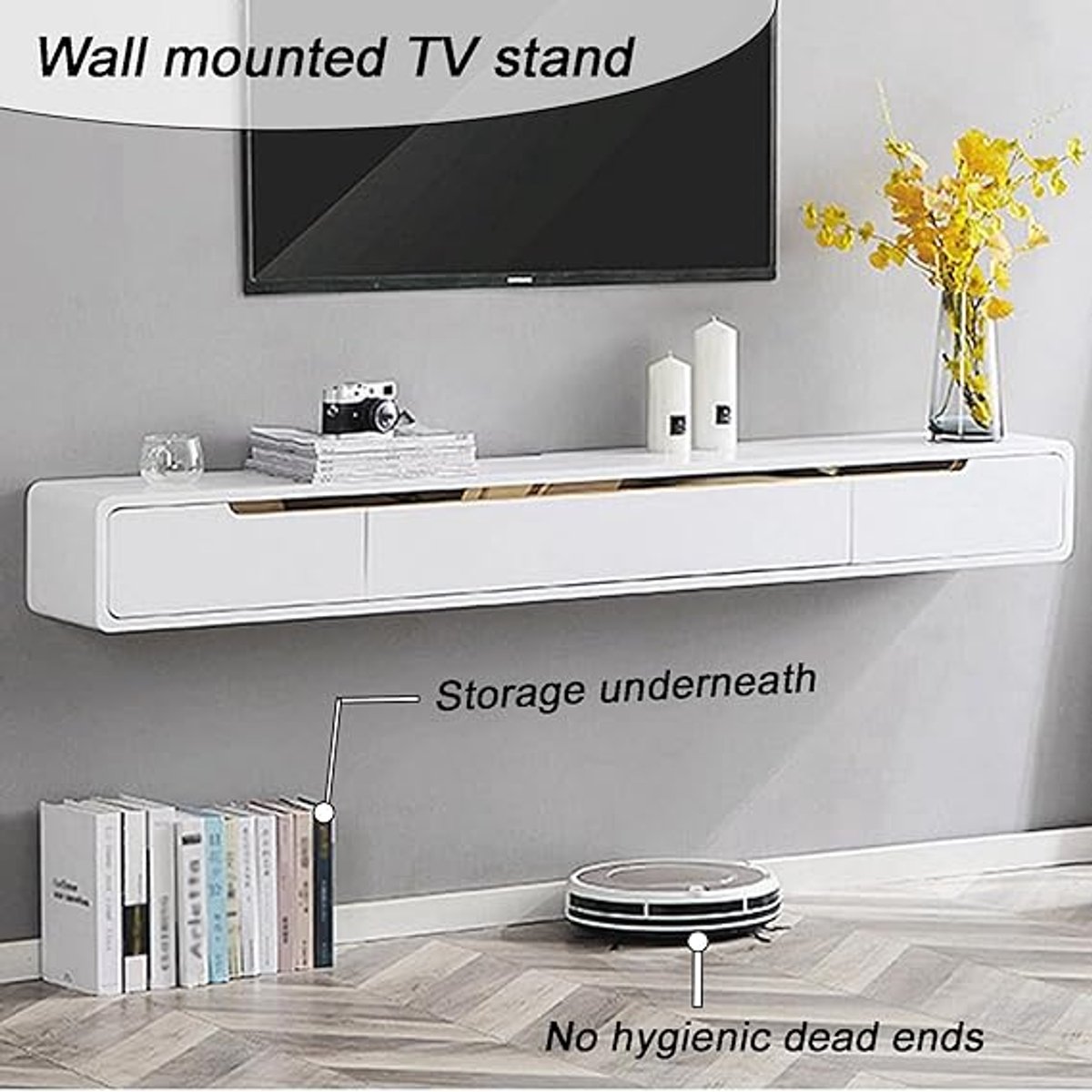 Premium Zwevend TV-Meubel “Nordic Luxe” 120 cm met 2 Lades en Kabelmanagement – Wit Hoogglans Design TV Kast Wandmontage 150 x 24 x 20 cm – Casa Dorada