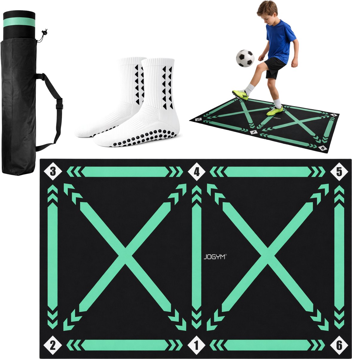 JOGYM - Voetbalmat – Voetbal Trainingsmat voor Techniek & Balcontrole – Voetbal Spullen & Accesoires - Voetbal Trainingsmateriaal voor Thuis Training – Extra Groot Kruis - Antislip - Met 1 Paar Gripsokken En Draagtas
