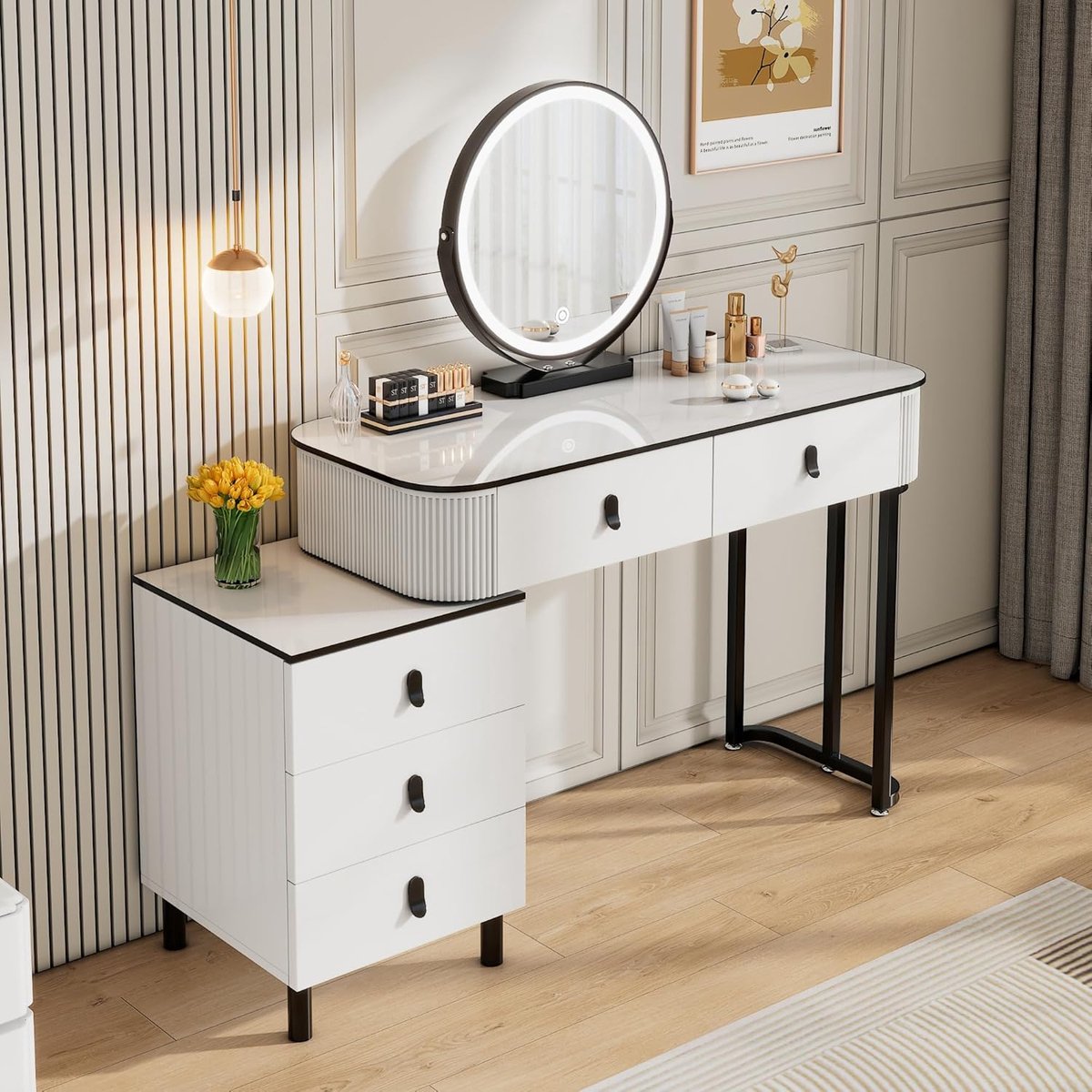 Luxe LED Kaptafel met Spiegel en 3 Lichtkleuren, 2-in-1 Make-up Tafel en Bureau met 5 Lades, 100x126x40 cm, Wit/Zwart