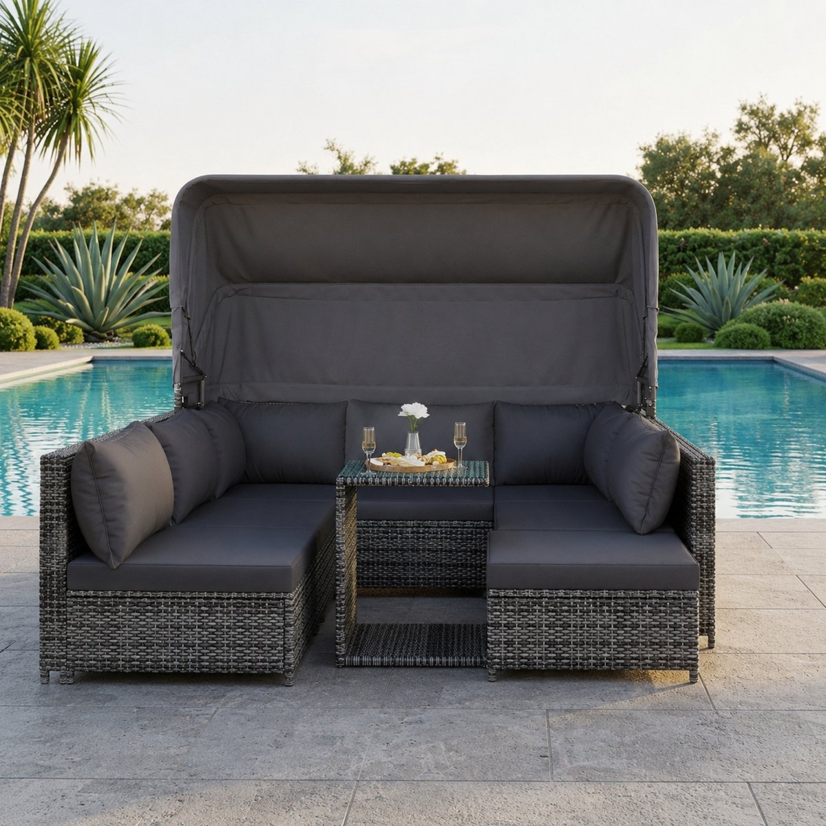 Luxe Modulaire Rotan Zonne-eiland Tuinloungeset 4-delig met Zonnedak, Glasplaat Tafel en Kruk – Weerbestendige Polyrotan Lounge Hoekbank voor Tuin, Terras en Balkon – Grijs Industrohome