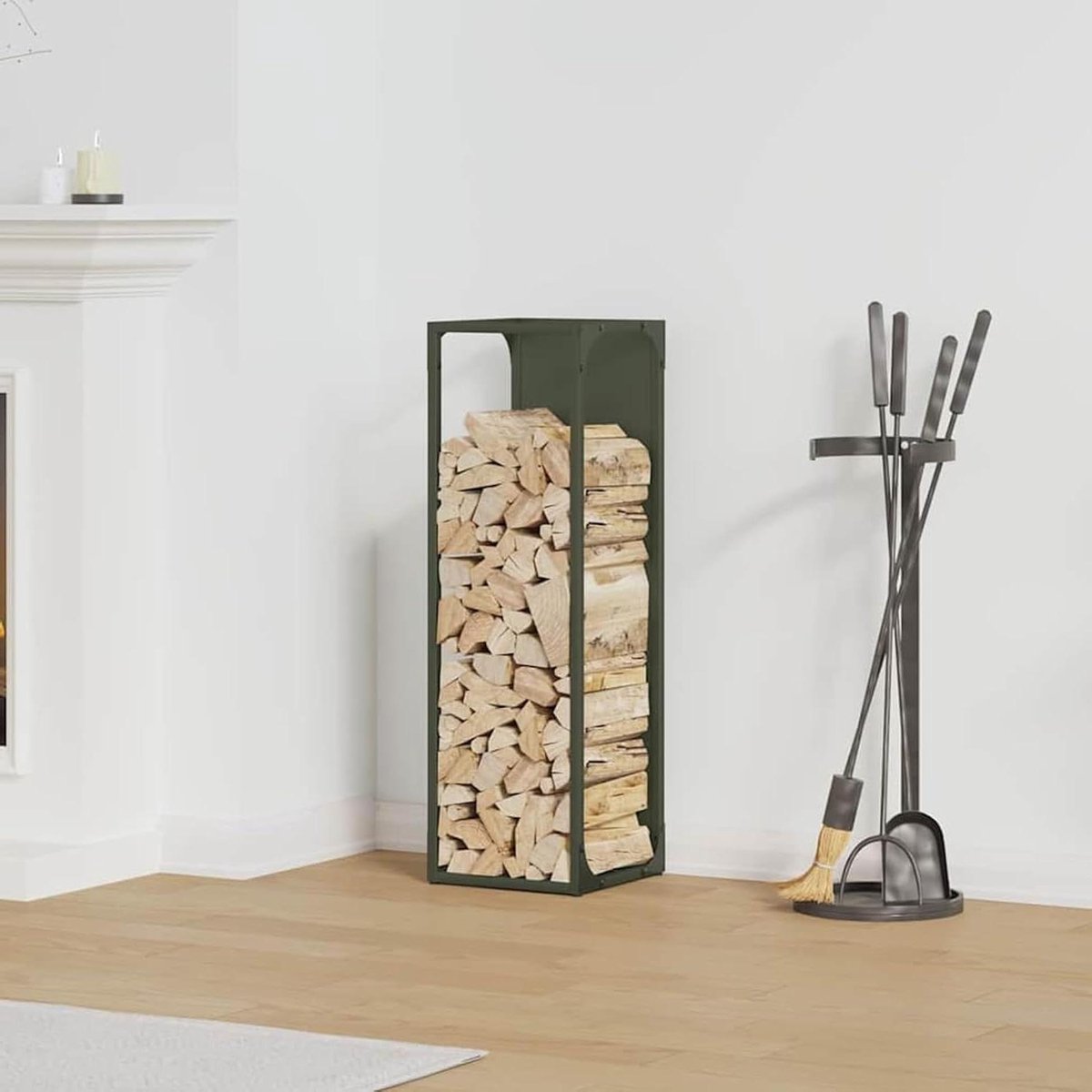 Gecheer 864266 Brandhoutrek olijfgroen, 25 x 25 x 80 cm, koudgewalst staal, haardhoutrek voor binnen en buiten, kampvuur, camping, reizen