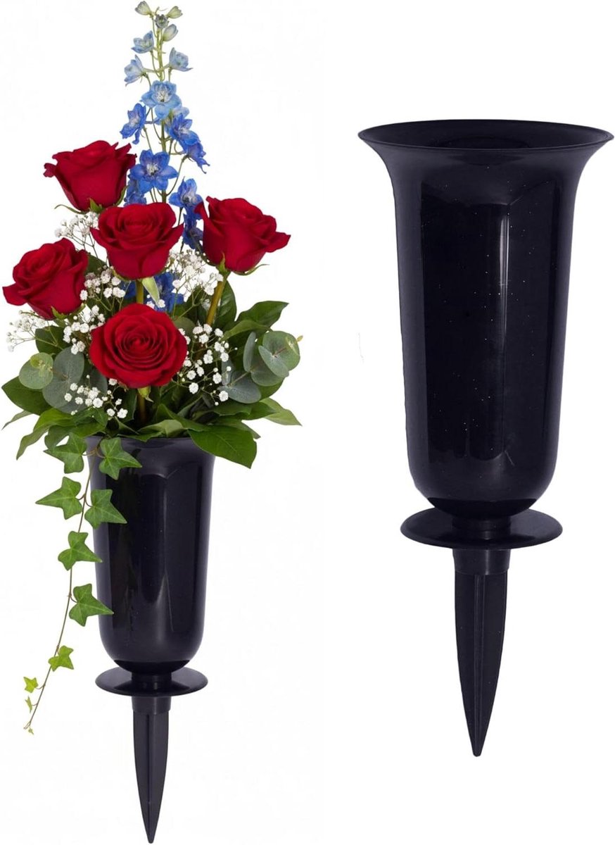 Grafvazen met grondpen - Begraafplaats vazen - Grafdecoratie - Weerbestendig kunststof - 32 cm hoog - Grijs