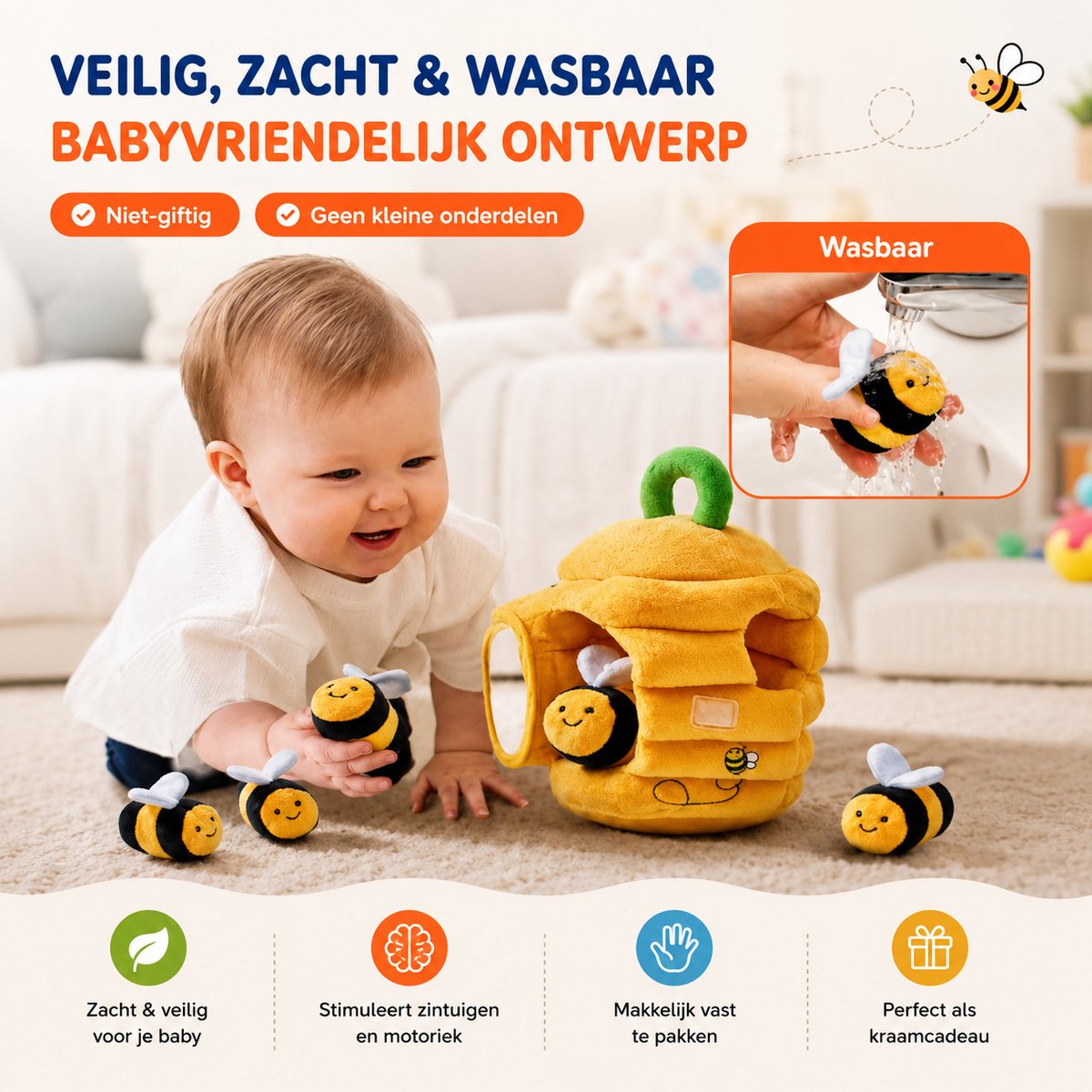 Baby Sonrisa Montessori Bijenspeelgoed Baby – Sensorisch Speelgoed met Rammelaar & Knisper – Motoriek Ontwikkeling 6+ Maanden — afbeelding 3