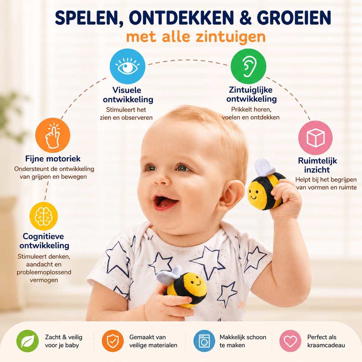 Baby Sonrisa Montessori Bijenspeelgoed Baby – Sensorisch Speelgoed met Rammelaar & Knisper – Motoriek Ontwikkeling 6+ Maanden — afbeelding 2