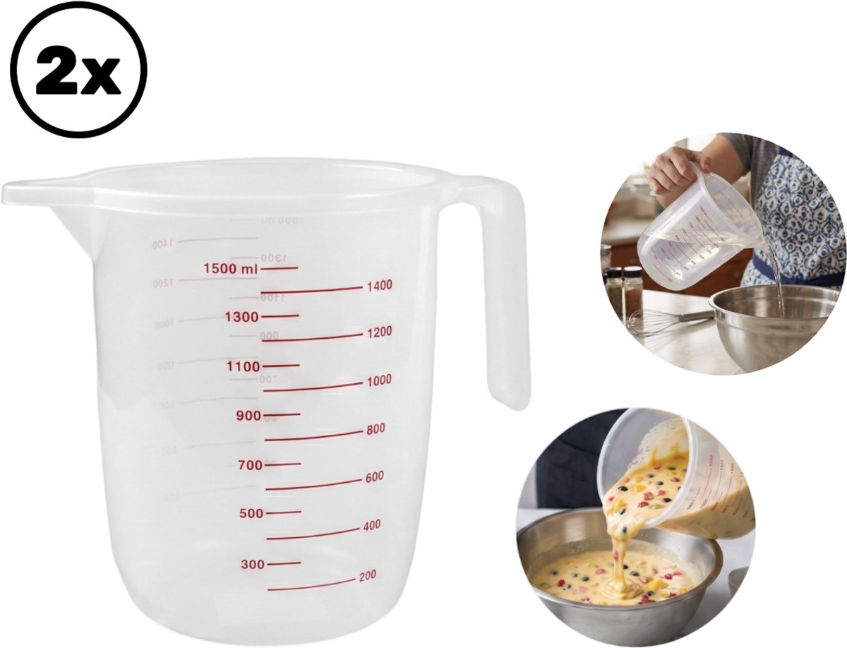 PD® 2x Maatbeker - 1500 ml - met Handvat & Dubbele Maataanduiding