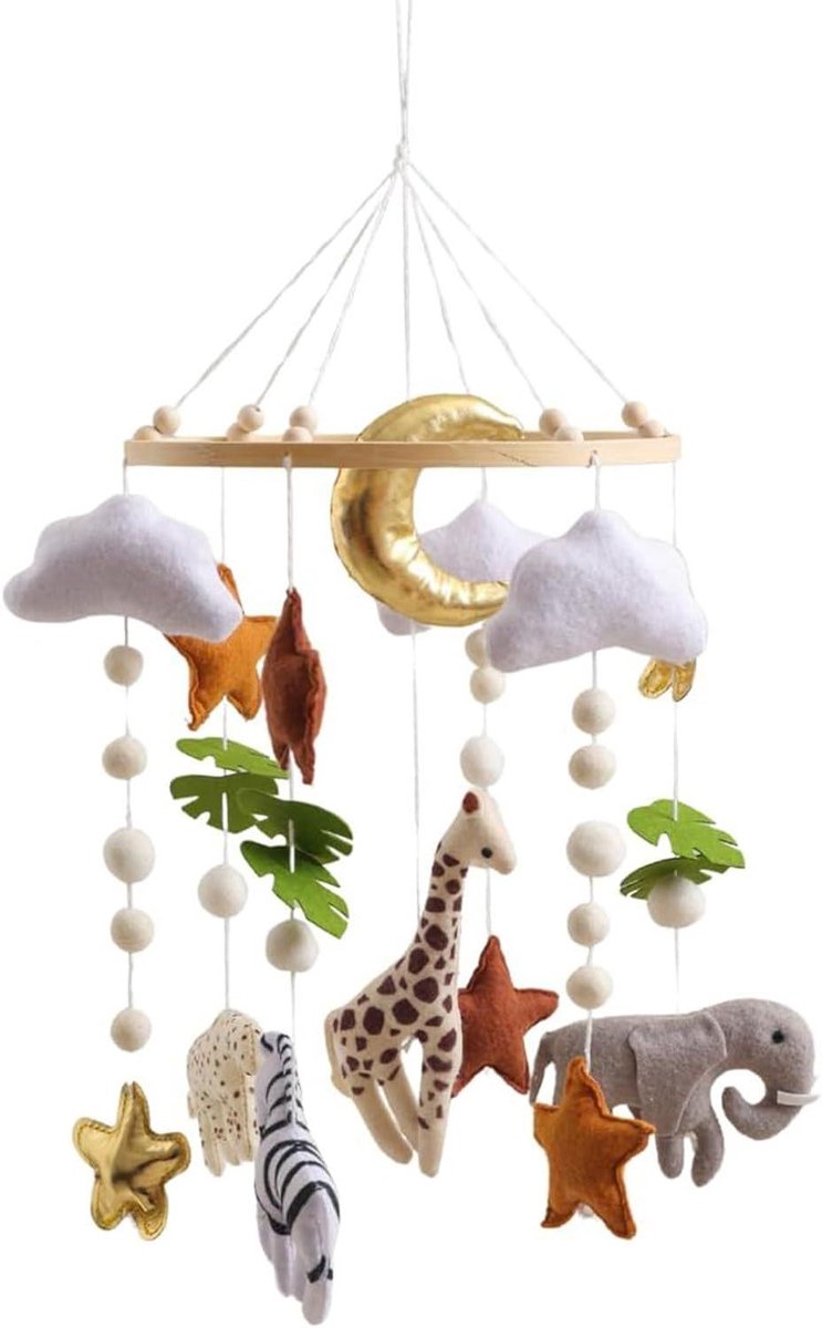 Wieg Mobiel met Projectie – Hout en Vilt 45x23x23cm | 3-in-1 Muziek Mobiel met Hangende Pluche Speeltjes en Rustgevende Lichten | Roterende Kinderkamer Decoratie en Slaaphulp voor Pasgeborenen, J