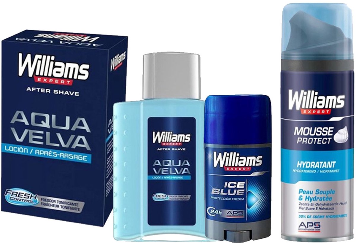 Williams Expert Geschenkset voor Mannen – Aftershave, Deo Stick & Scheerschuim – In een Transparant tasje
