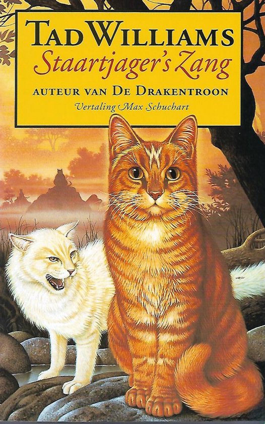 Boekomslag met twee katten: een oranje gestreepte kat met groene ogen en een witte kat met een open mond.