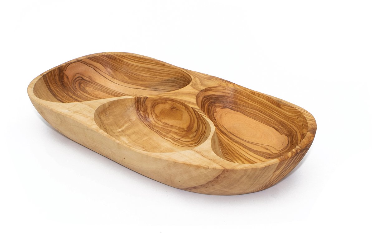 Rizes Wood - Pure Olive Wood - olijfhouten Schaal met 3 vakken - Olijfhout - Borrel - Cadeautip - Duurzaam!