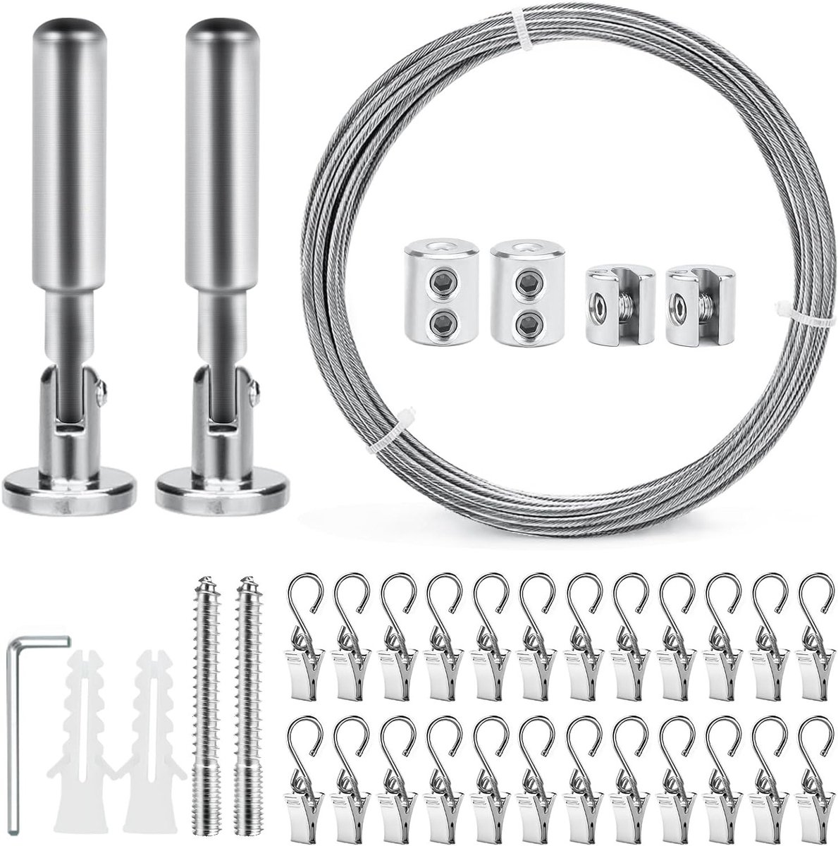 Vijf meter roestvrijstalen gordijnkoord met zware wandbevestiging en 24 metalen clips voor