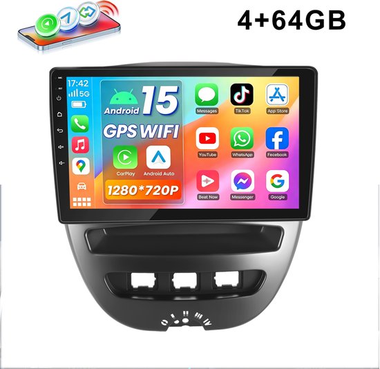 ESSGOO Autoradio - Geschikt voor Peugeot 107, Toyota Aygo & Citroen C1 - Android 15 - 4+64GB - Apple Carplay & Android Auto (Draadloos) - 10.1 Inch HD IPS Touchscreen - Bluetooth - GPS Navigatiesysteem -Wifi, SWC