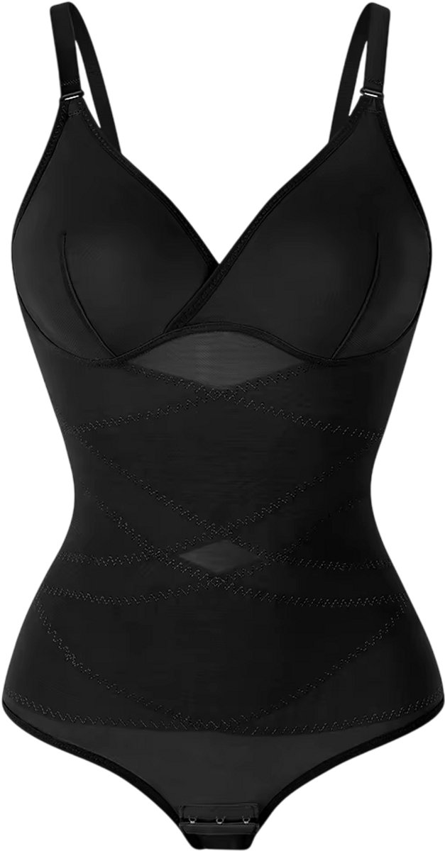 rimmo Dames corrigerende bodysuit buikcontrole shapewear – Full Body Shaper met V-hals, ademend mesh ondergoed & butt lifter - Zwart
