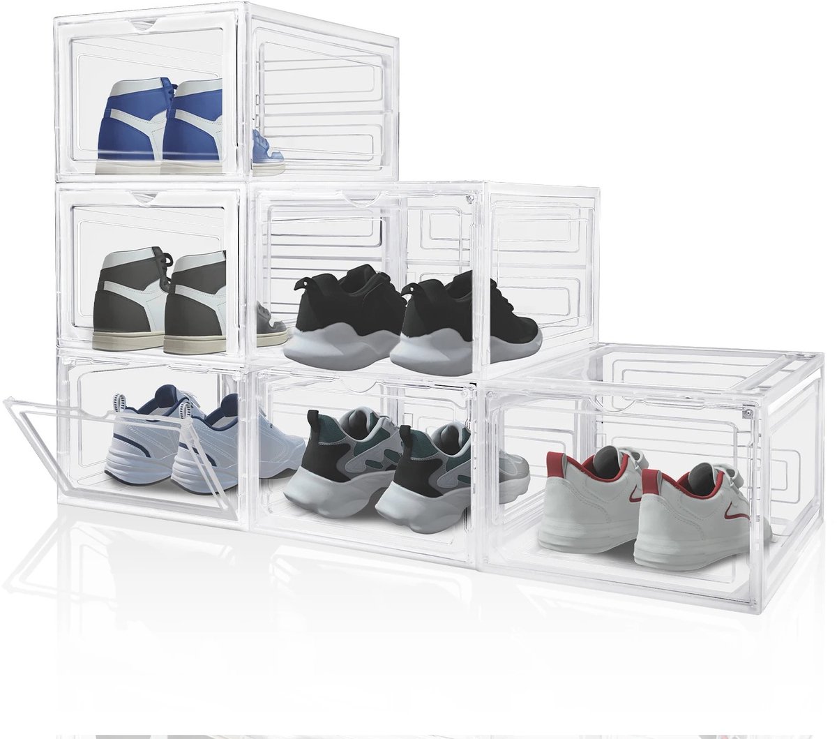 Cellista Schoenenopbergdozen Set 6 Stuks - Transparante Stapelbare Schoenenboxen - Hard Plastic Organizer met Magnetische Deur - 34 x 27 x 19 cm