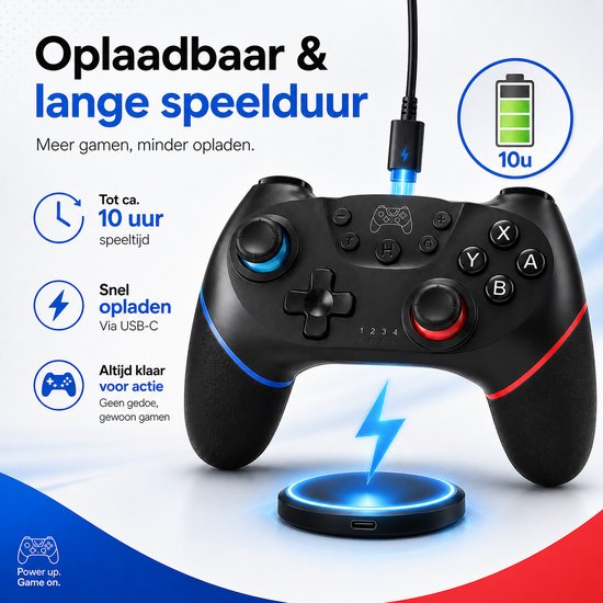 Zwarte draadloze controller met blauwe en rode LED-accenten, aangesloten via USB-C, naast een draadloze oplader.