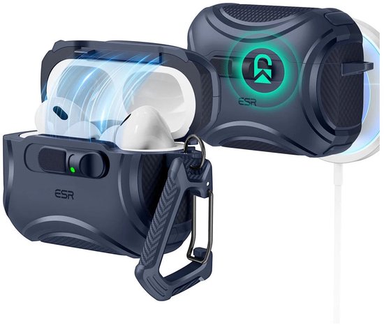 ESR Hoesje Geschikt Voor AirPods Pro 3 (2025) - Cyber FlickLock Case - Compatibel met MagSafe - Karabijnhaak - Blauw