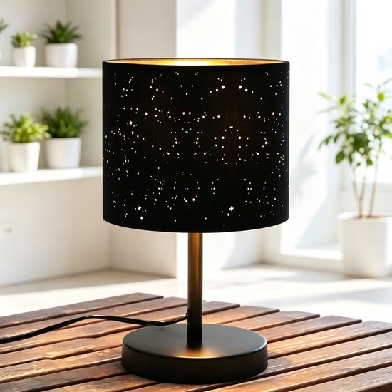 NETTLIFE Tafellamp E27 - Zwart - rond - Vintage Bedlamp - Sterrenhemel Stoffen Lampenkap - met Tuimelschakelaar - Nachtlamp Max.40W - voor slaapkamer | woonkamer | restaurant - Zonder Lichtborn