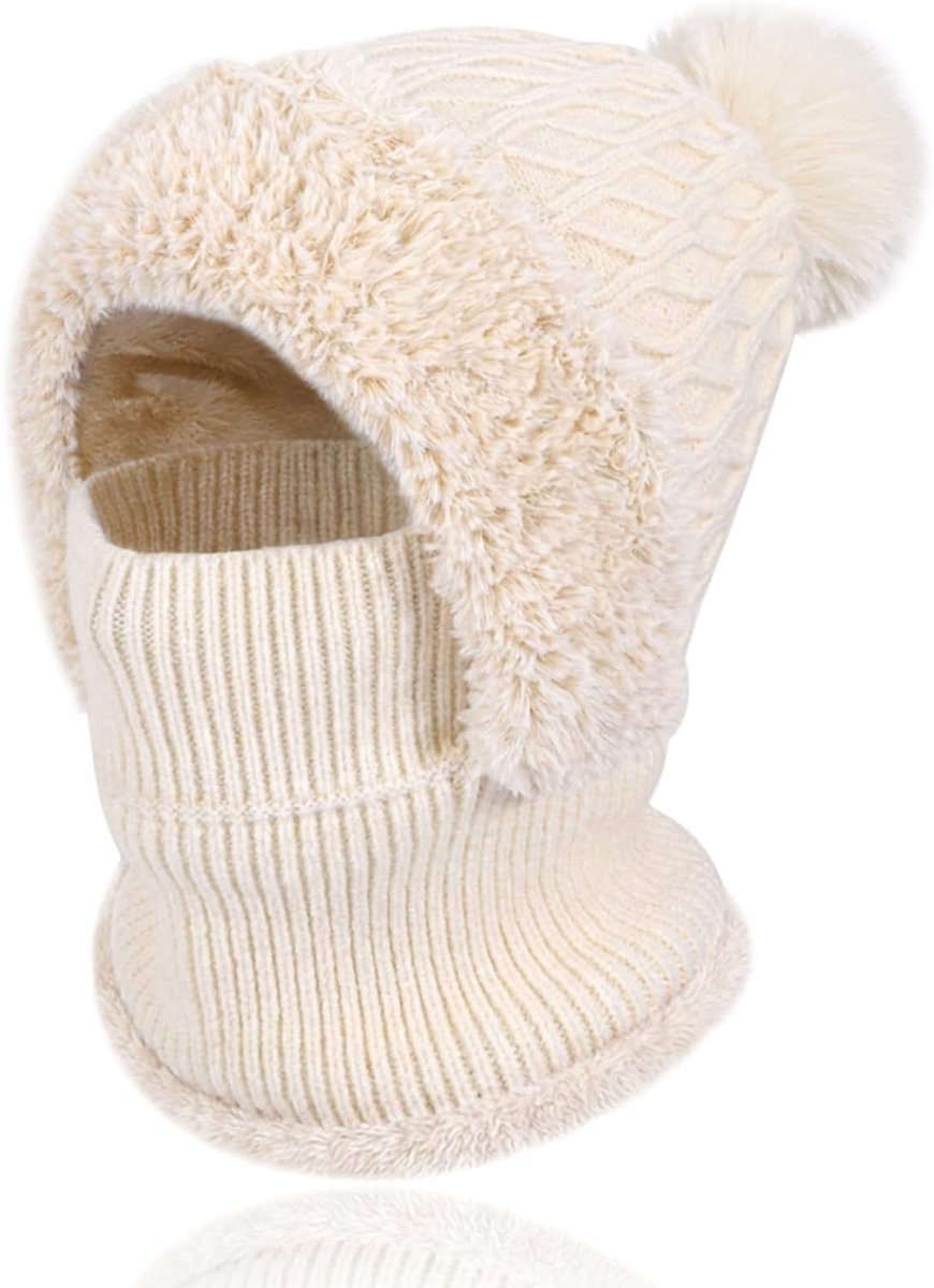 Dames Winter Muts en Sjaal Set, 3-in-1 Multifunctionele Winddichte Thermische Beanie met Snood en Pompon, Ideaal voor Skiën en Koude Dagen