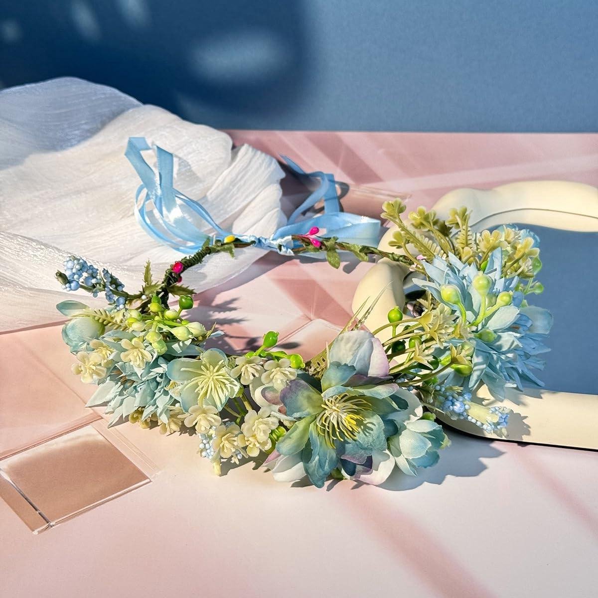 Bloemenkroon Slinger - Haarkrans Hoofdband - Feestelijke Aankleding - Handgemaakt Polyester - Verstelbaar - Blauw