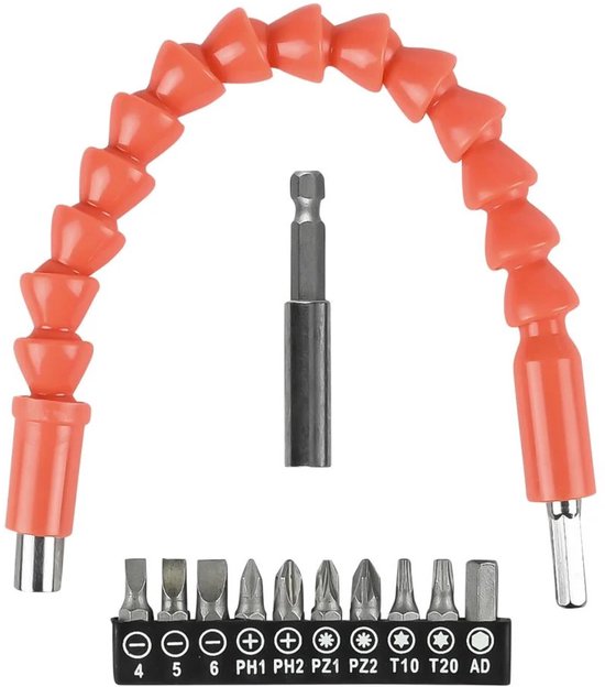 Oranje flexibele bithouder met metalen aandrijving en diverse schroefbits.