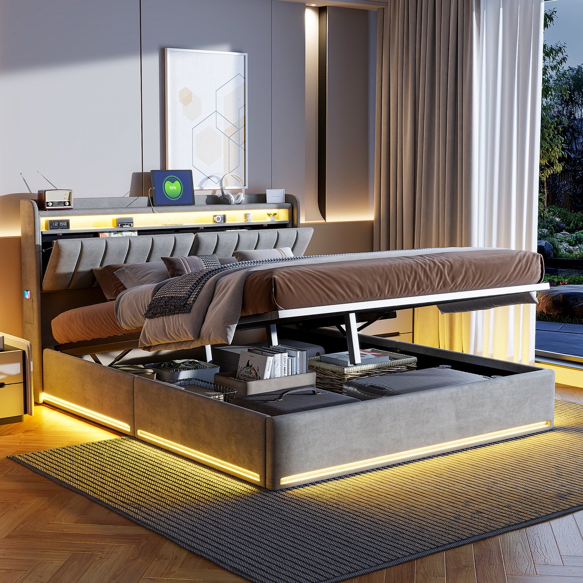 Gestoffeerd bed 160x200 cm met LED en USB - Hydraulisch tweepersoonsbed met lattenbodem en hoofdeinde opbergruimte, Opbergbed,grijs Fluwelen
