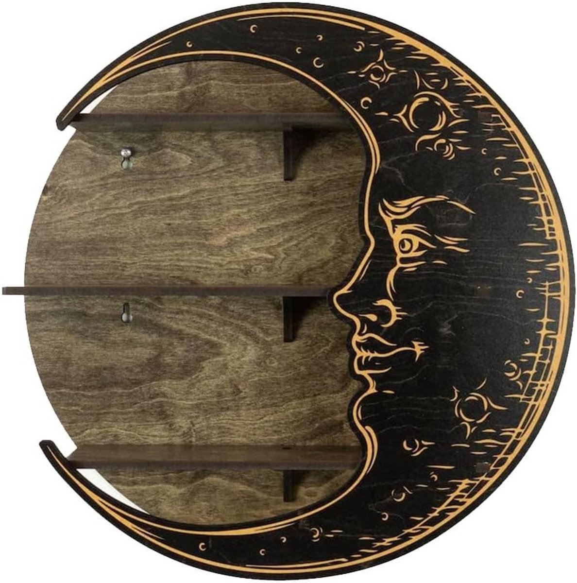 Houten Maanplank voor Kristallen - Zwevende Planken voor Woonkamer, Slaapkamer en Badkamer - Decoratieve Maanvormige Displaystandaard in Zwart en Grijs