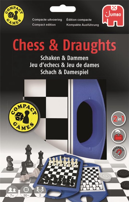 Doos van het spel "Chess & Draughts" van Jumbo. Zwart met schaakbord en speelstukken.