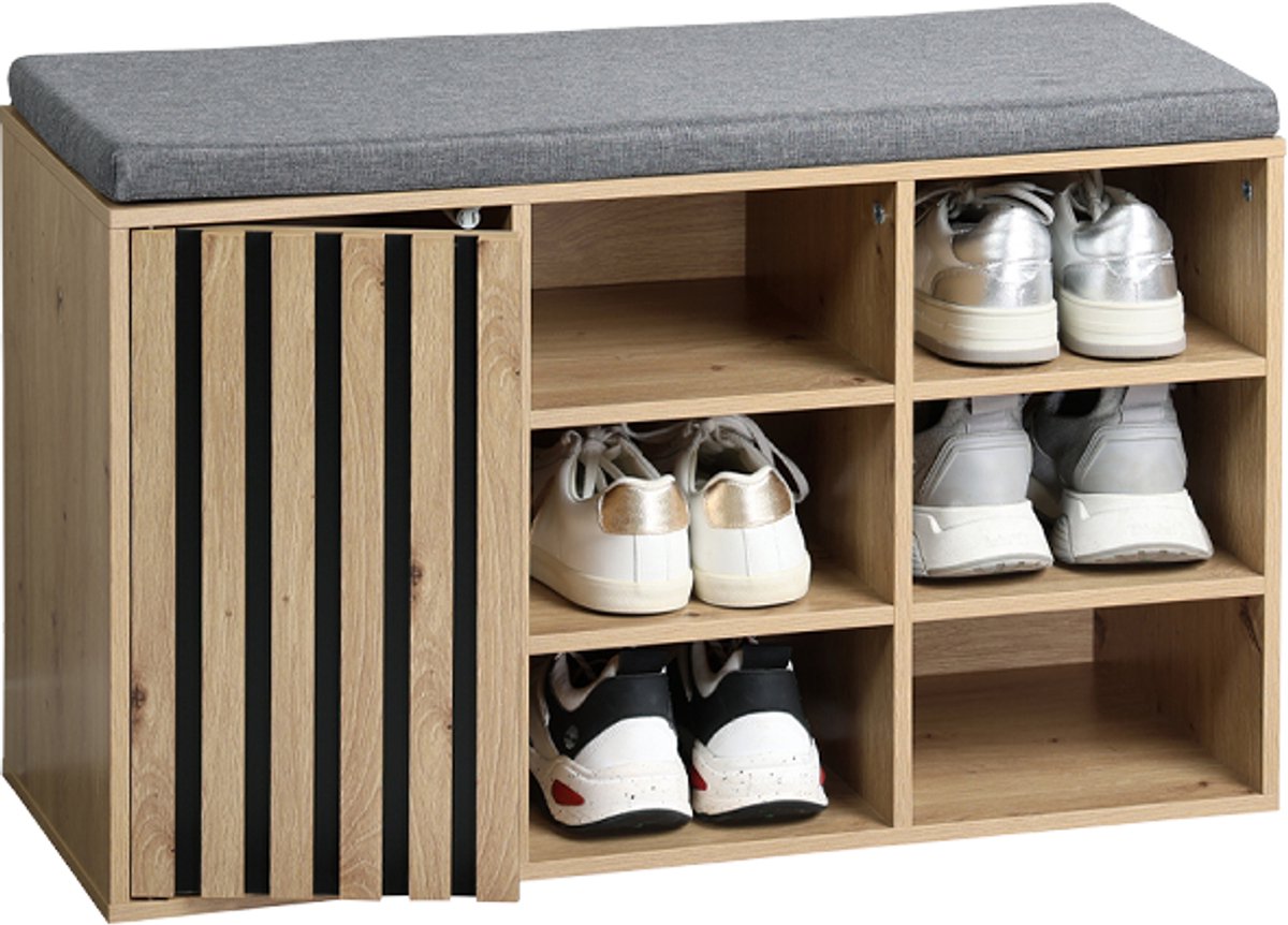 Kesper Schoenenkast eikenlook met grijze zitkussen midden - 76 x 29,5 x 48 cm