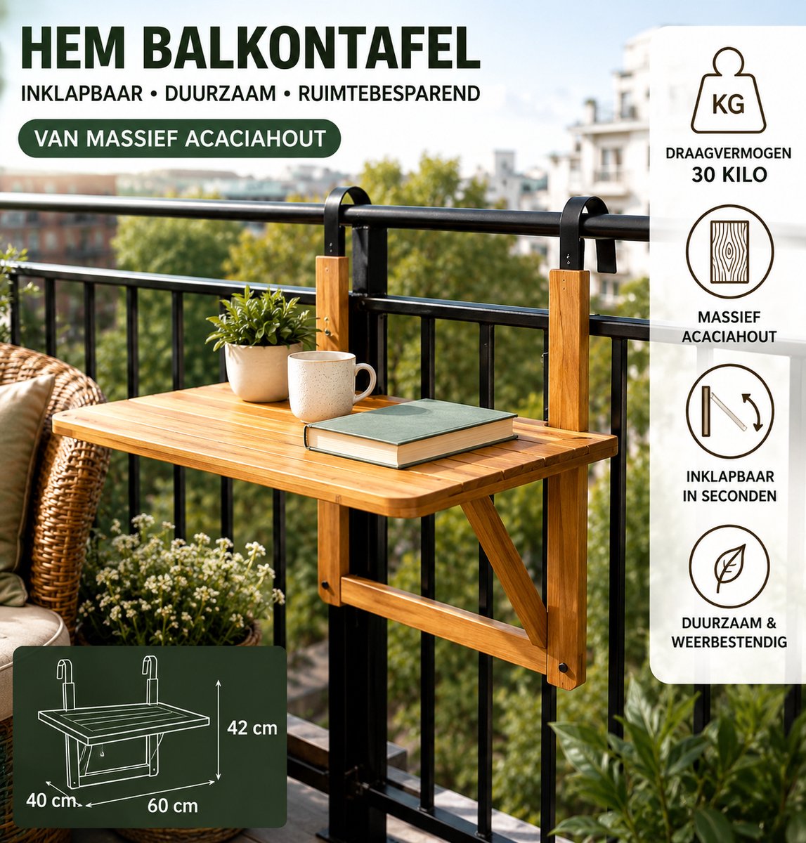 HEM Balkontafel Hangtafel Acacia hout 40x42x60 cm – Accacia Houten balkonklaptafel Buiten 