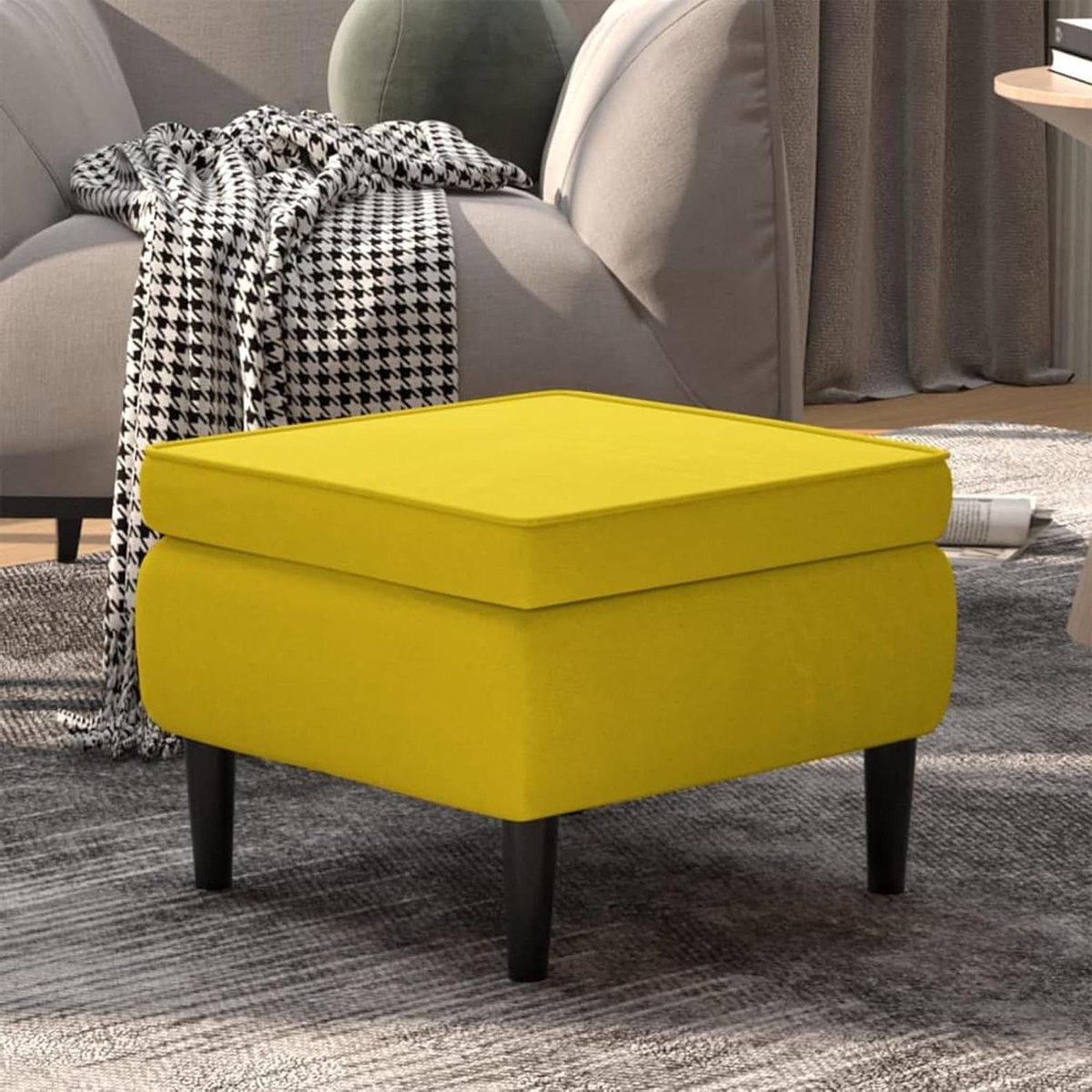 Fluwelen Poef - Voetenbankje Hocker - Ontspannen Voeten - Gele Houten Poten - 73 x 40 x 24 cm - Geel