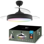 Zwarte Varin smart plafondventilator met RGBW LED-verlichting en afstandsbediening, weergegeven met verpakking.