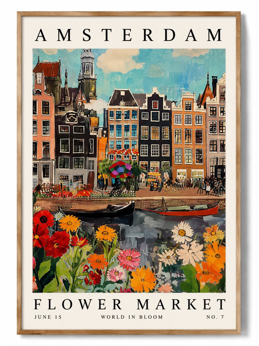 CINK Living® Amsterdam Flower Market Canvas – Kleurrijke Bloemenmarkt Poster – Amsterdam Grachten Wanddecoratie – Nederlandse Stad Print – 60x80 cm
