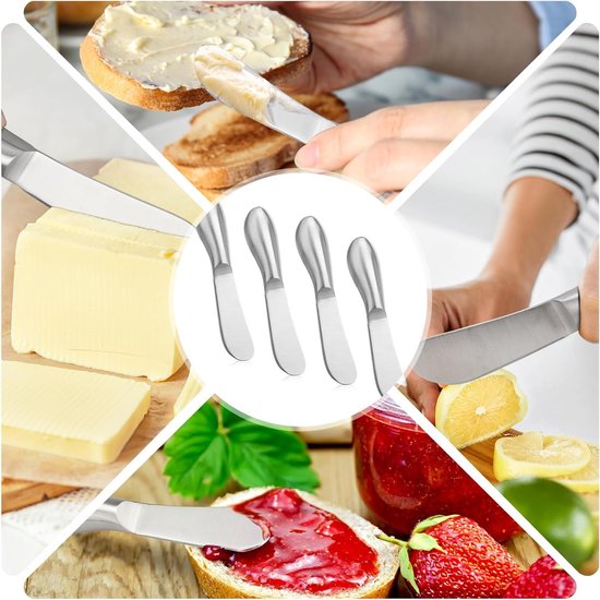 Een collage van botermessen die brood, cake, kaas, boter en jam smeren.