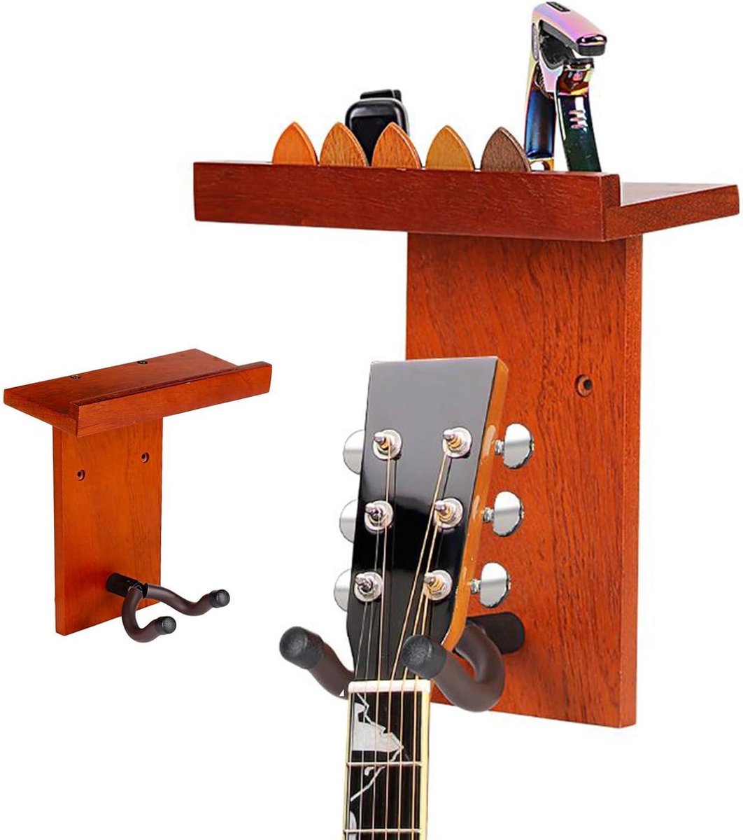 Gitaar Wandbeugel - Gitaarhaak Plectrumhouder - Muziekruimte Organiseren - Houten Opbergoplossing - 8 x 14 x 8 cm - Houtkleur