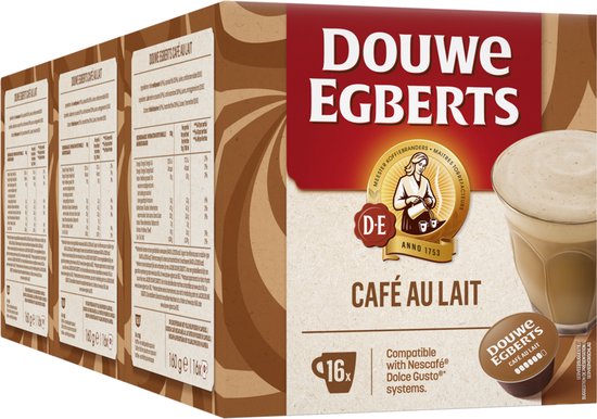 Zijkant van Douwe Egberts Café au Lait verpakking met voedingswaarden en productinformatie.