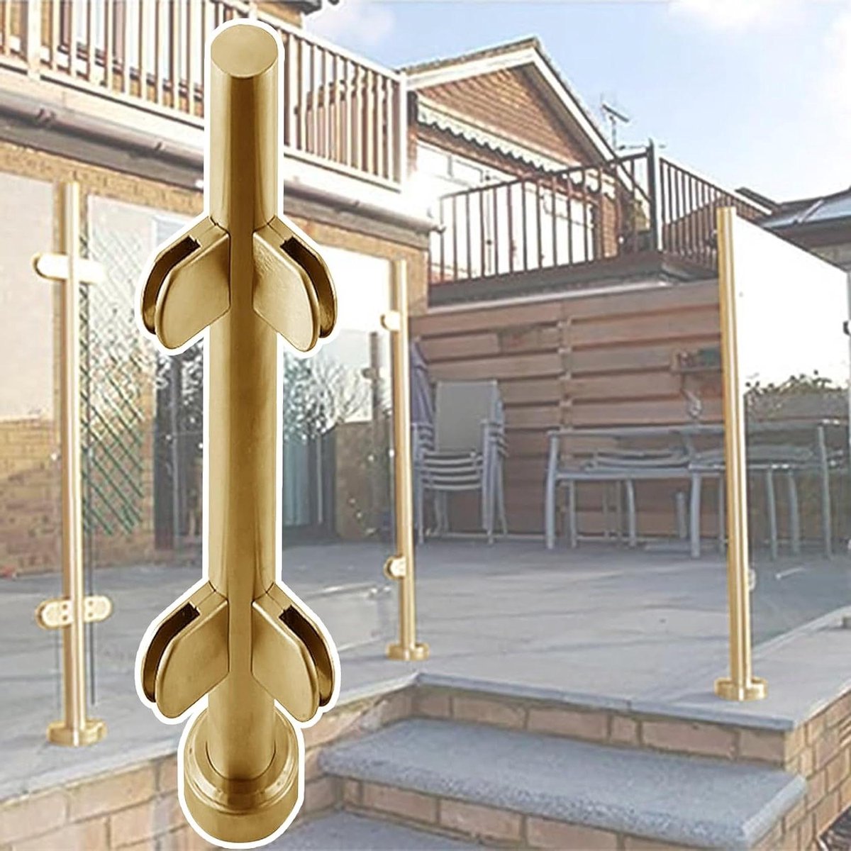 Glazen Leuning Post - Glazen Balustrade - Terras Afschermen - Roestvrij Staal 304 - 60-150cm Hoogte - Goudkleurig