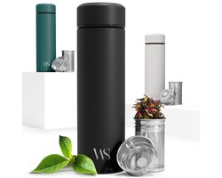 Wilford & Sons Thermosfles Thee - Vruchte Infuser 450 ml, BPA-Vrij, RVS Lekvrij Geïsoleerd - Water Bottle To Go + Theefilter-Fruit-Zeef 2-Delig - Theefles Drinkfles Koffie Fles, Onderweg Kantoor Werk School Sport - Zwart