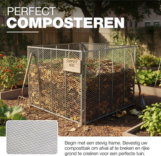 Een metalen compostbak gevuld met bladeren, met tuingereedschap ernaast. Een close-up van het gaaswerk.