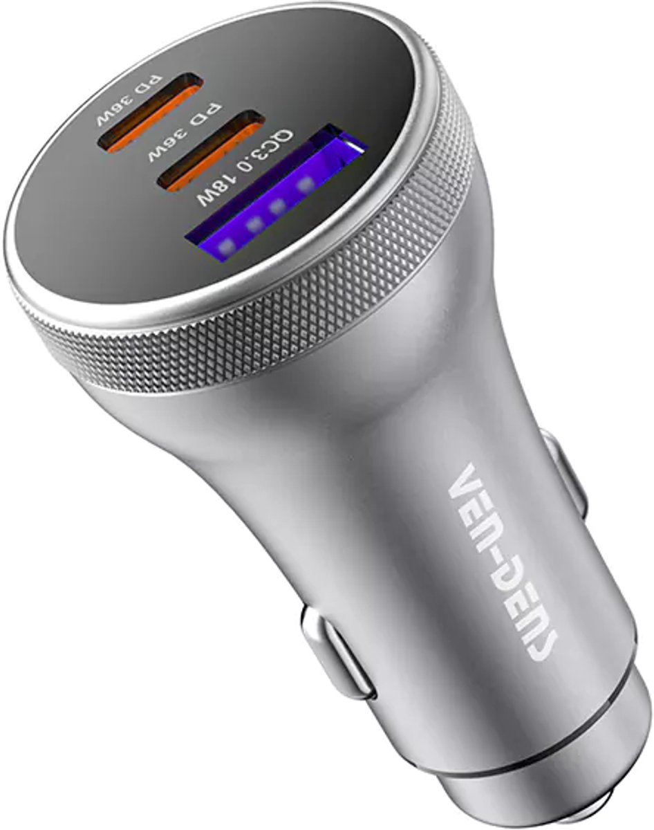 Ven-Dens USB + dubbele Type-C-poorten, 3 poorten, 90W snellader voor in de auto.