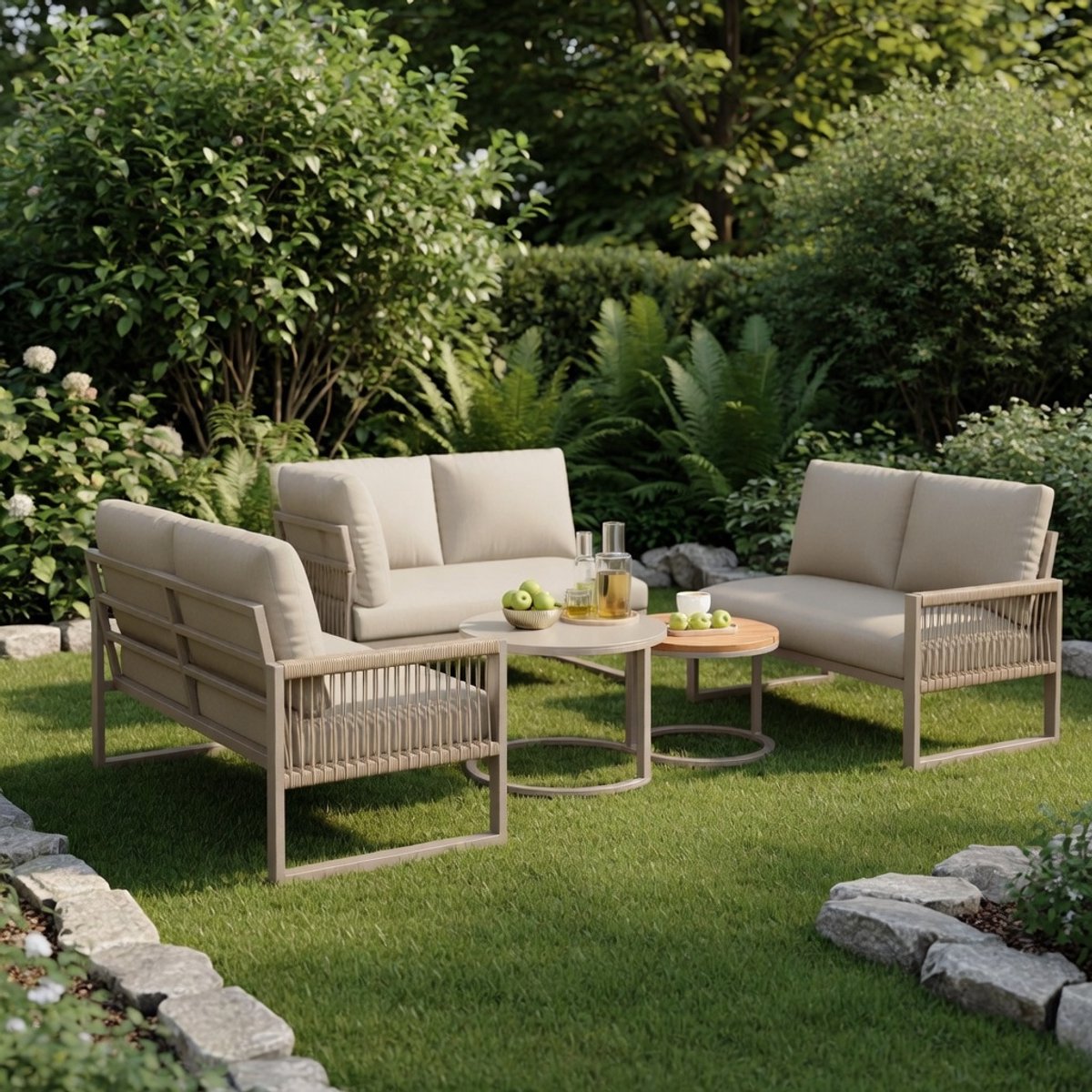 Lounge Meubels Outdoor 6-Zits Beige - Tuinmeubelset met Verstelbare Poten & Zitkussens - Terrasmeubel voor Buiten met Salontafel - Weerbestendig Metaal - Voor Terras & Familiebijeenkomsten - IndustroHome