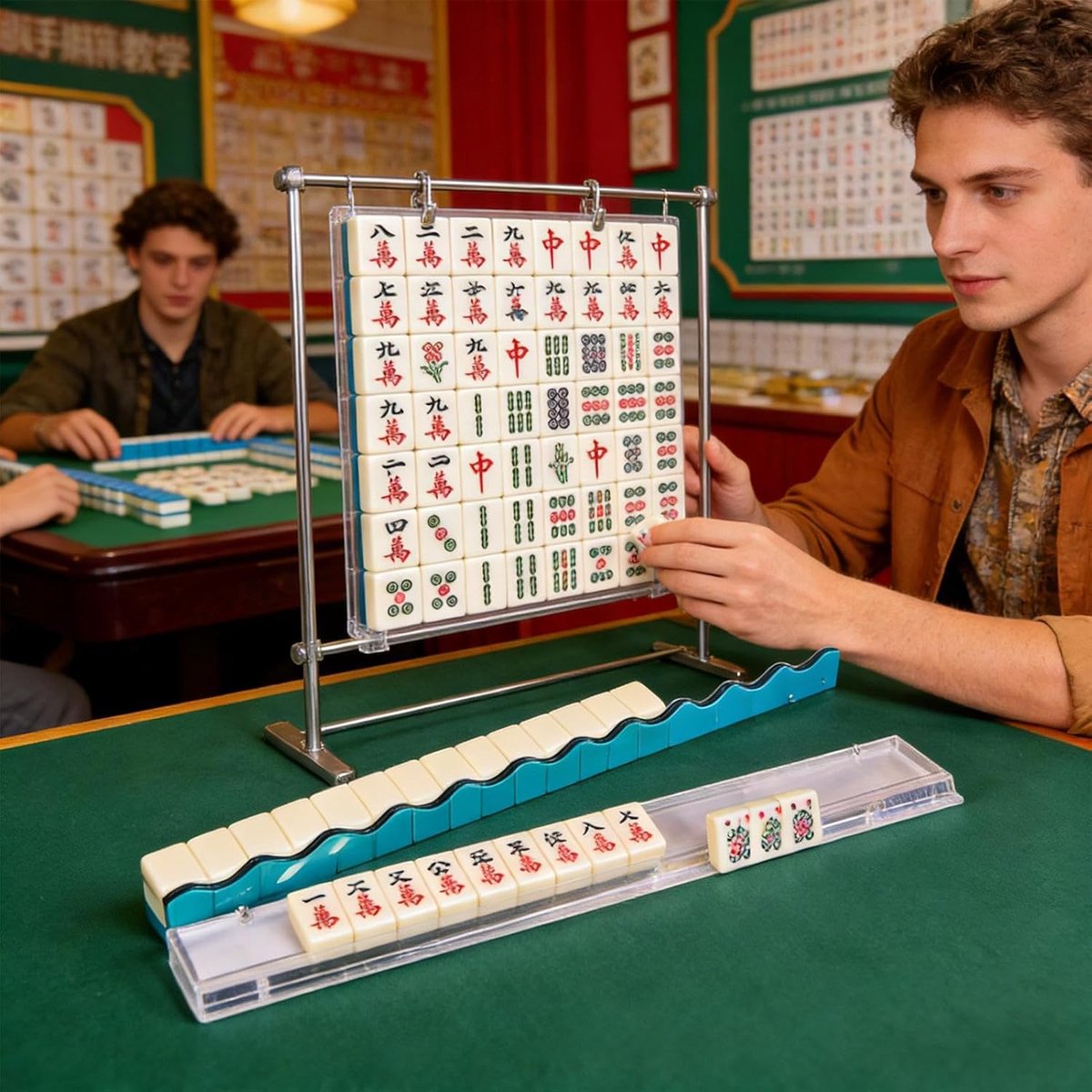 Mahjong rekken - Tegelhouders - Spel Organisatie - Geïntegreerde duwer - 447x65x19cm - Helder Groen