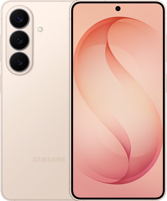 De lichtroze Samsung Galaxy S26 5G, toont de voor- en achterkant met de drie camera's.