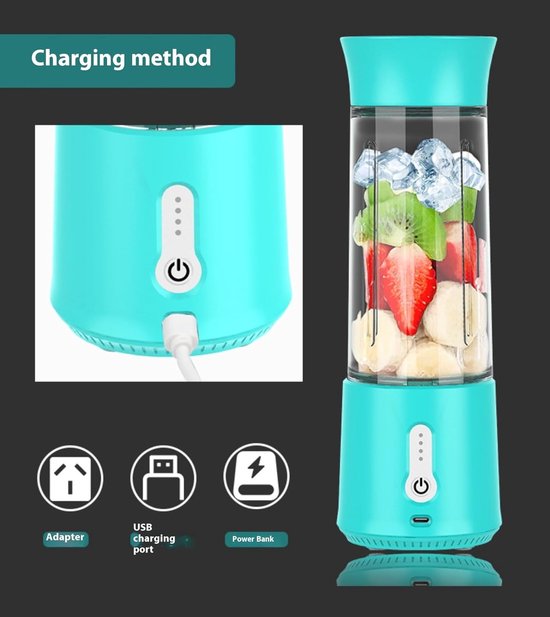 Oneay Draagbare Blender met USB-oplaadfunctie - Compacte Smoothiemaker met 500 ml Glazen Beker - 304 RVS Messen - Ideaal voor Shakes en Smoothies (Blauw) van Merkloos — afbeelding 3