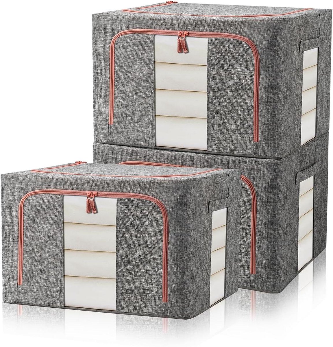 Opbergbox Kleding - Opbergzak Set - Ruimte Besparen - Met Metalen Frame - 3 Stuks 66L - Grijs