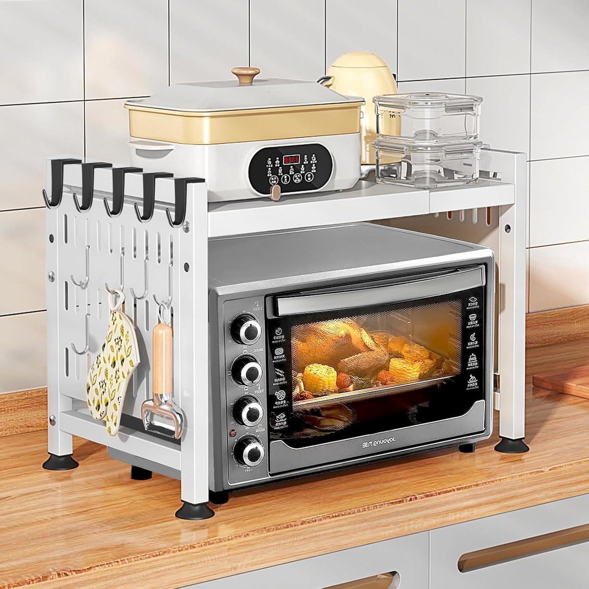 Magnetronhouder - Keukenplankhouder - Keuken Opbergen - Uittrekbaar met Haken - 42-68 cm - Wit