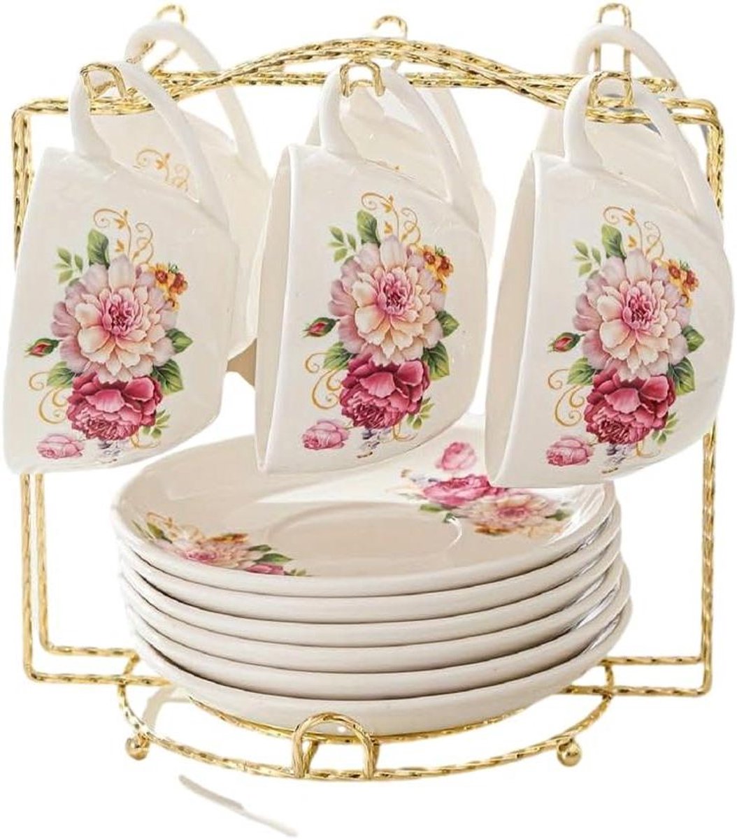 Koffieset Keramiek - Kopjes met Schotels - Thee en Koffie Drinken - Met Gouden Rek - 6-delig - Wit